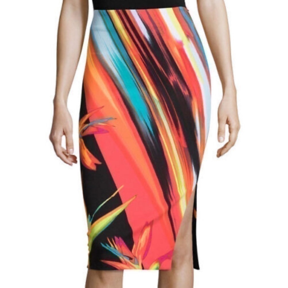 Worthington pencil skirt- bright floral bird of paradise tropical farm rio vibe